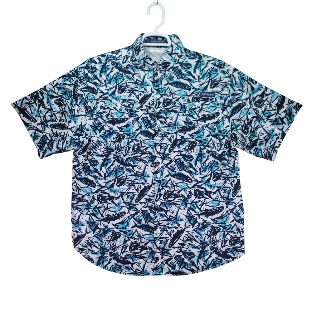 Columbia Super Tamiami Mens M Blue Excellent Short‎ Sleeve Fishing Shirt AOP